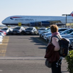 British Airways Airplane at Heathrow Airport seen from rental car pick up area